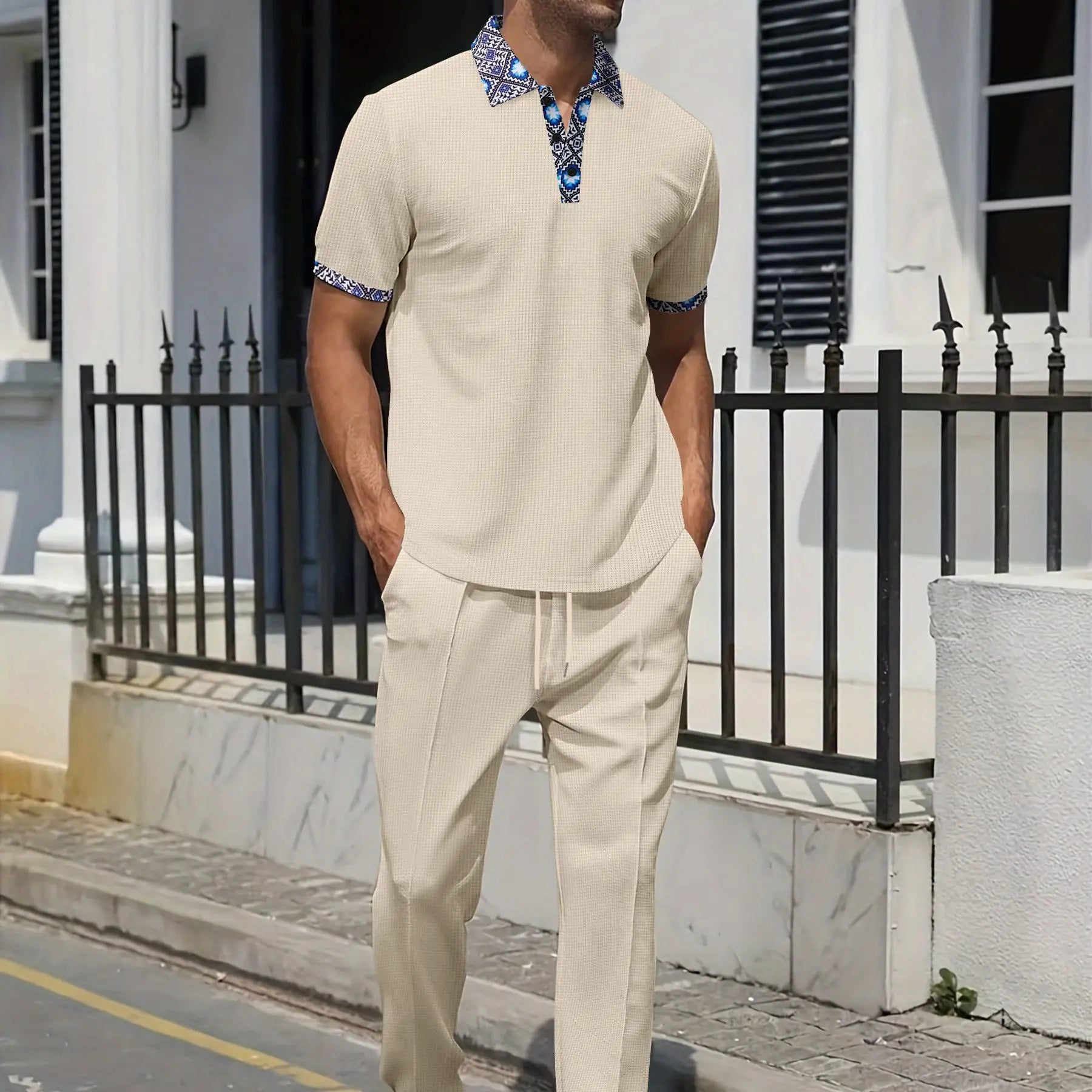 Men's Knit Polo Set With Ethnic Trim Drawstring Pants