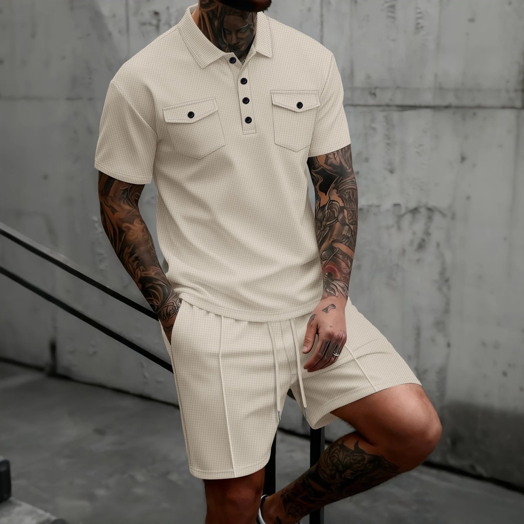 Men's Waffle Knit Polo Short Set – Casual Summer Co-ord