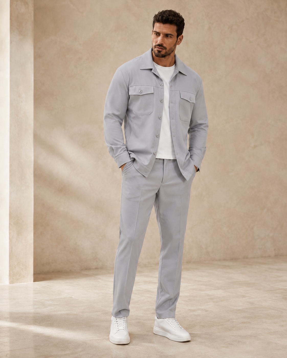 Men's Waffle Knit Shirt And Pants Set With Pockets
