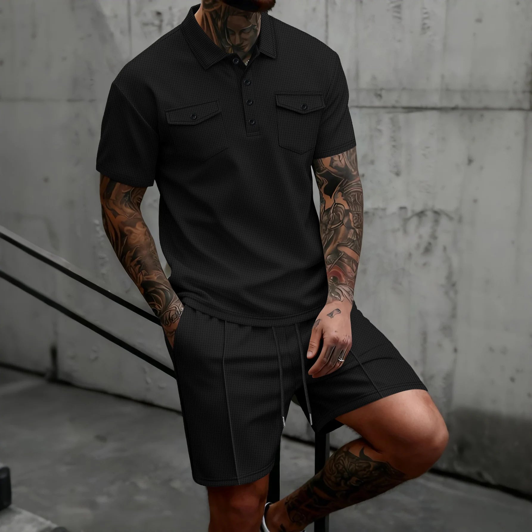 Men's Waffle Knit Polo Short Set – Casual Summer Co-ord