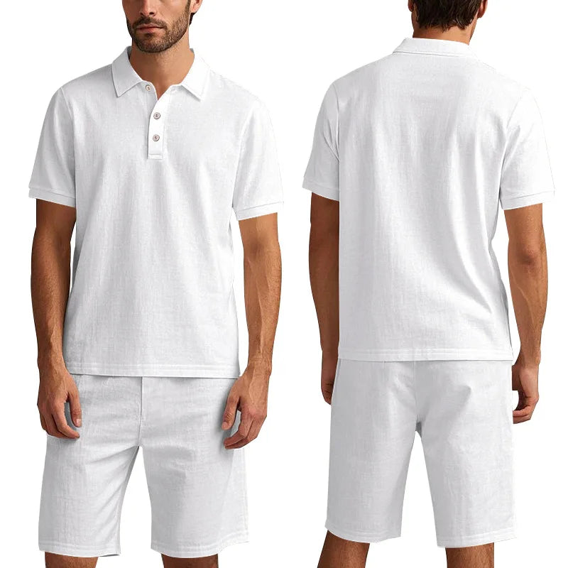 WHITE Color Men's Linen Summer Polo Short Set Casual Co-ords