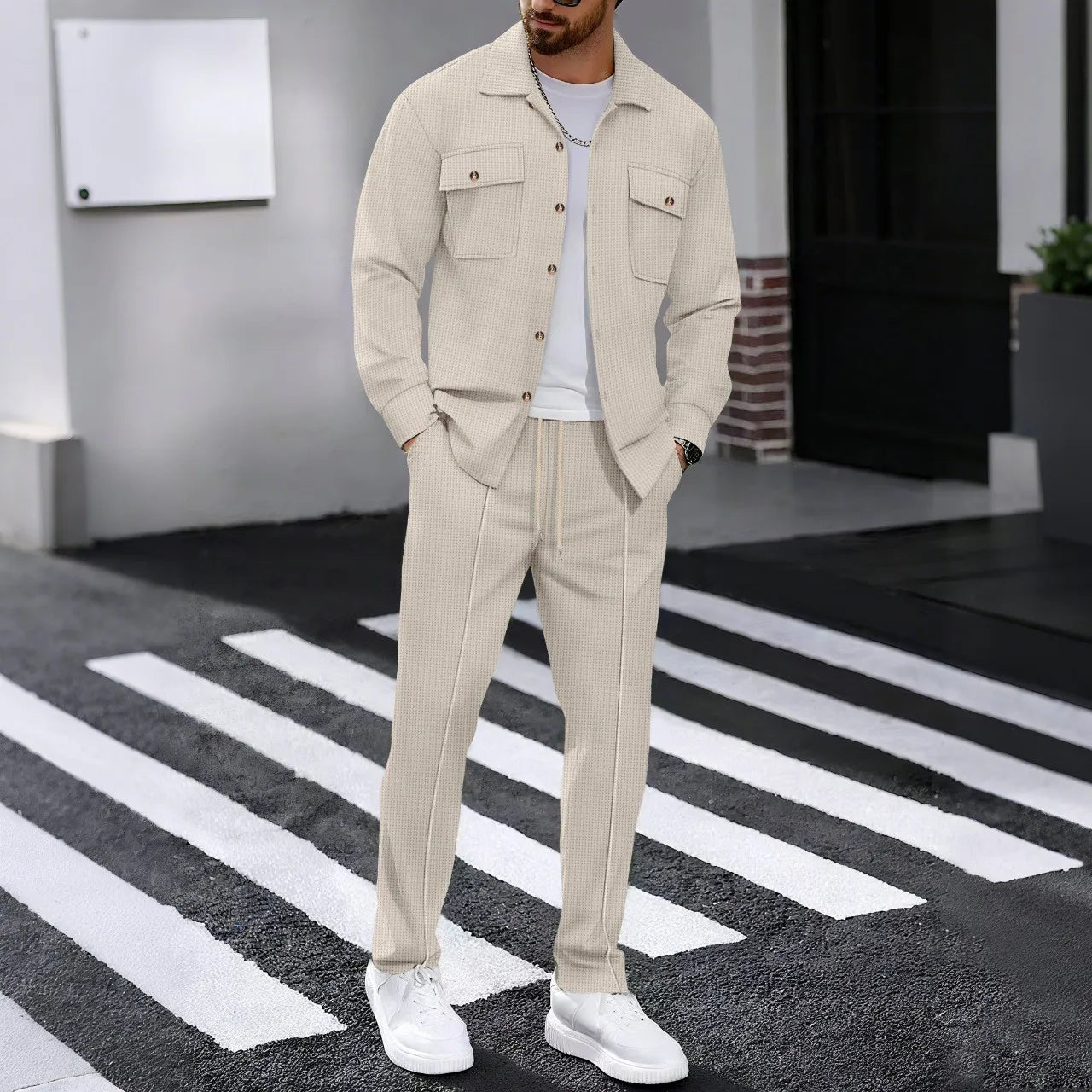 Men's Waffle Knit Shirt And Pants Set With Pockets