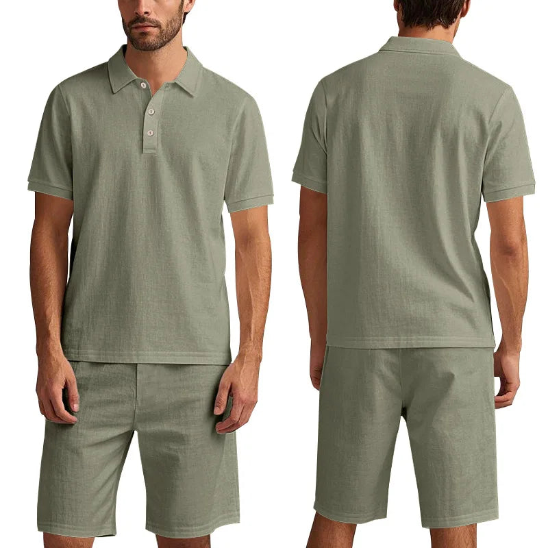 army green Color Men's Linen Summer Polo Short Set Casual Co-ords