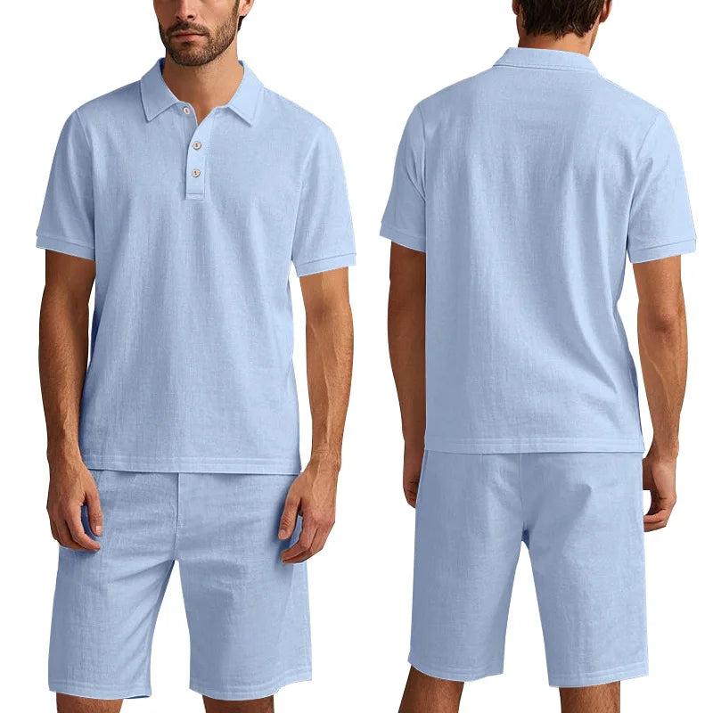 SKY BLUE Color Men's Linen Summer Polo Short Set Casual Co-ords