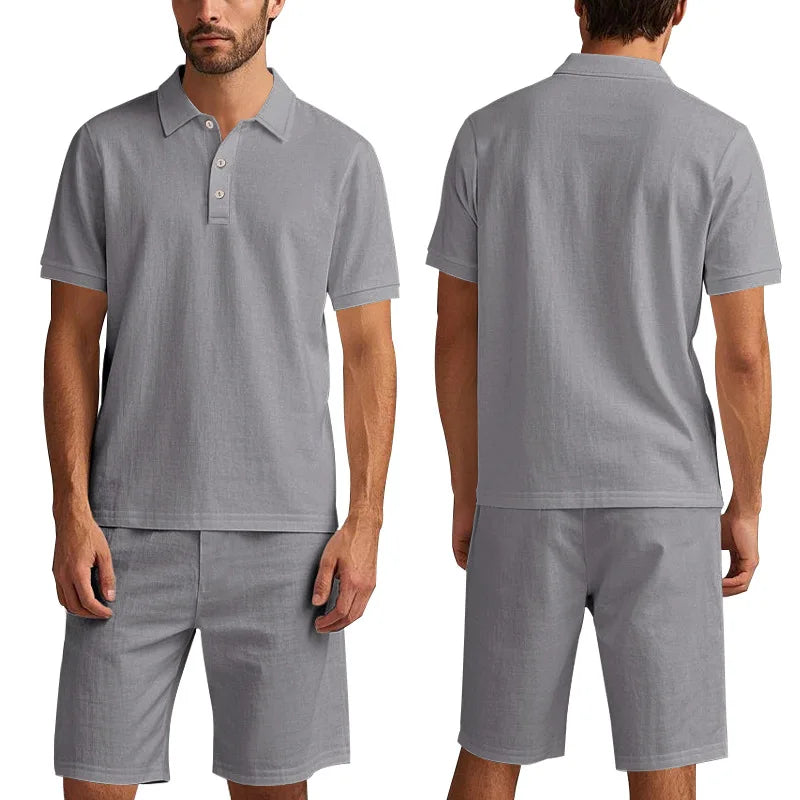 GRAY Color Men's Linen Summer Polo Short Set Casual Co-ords