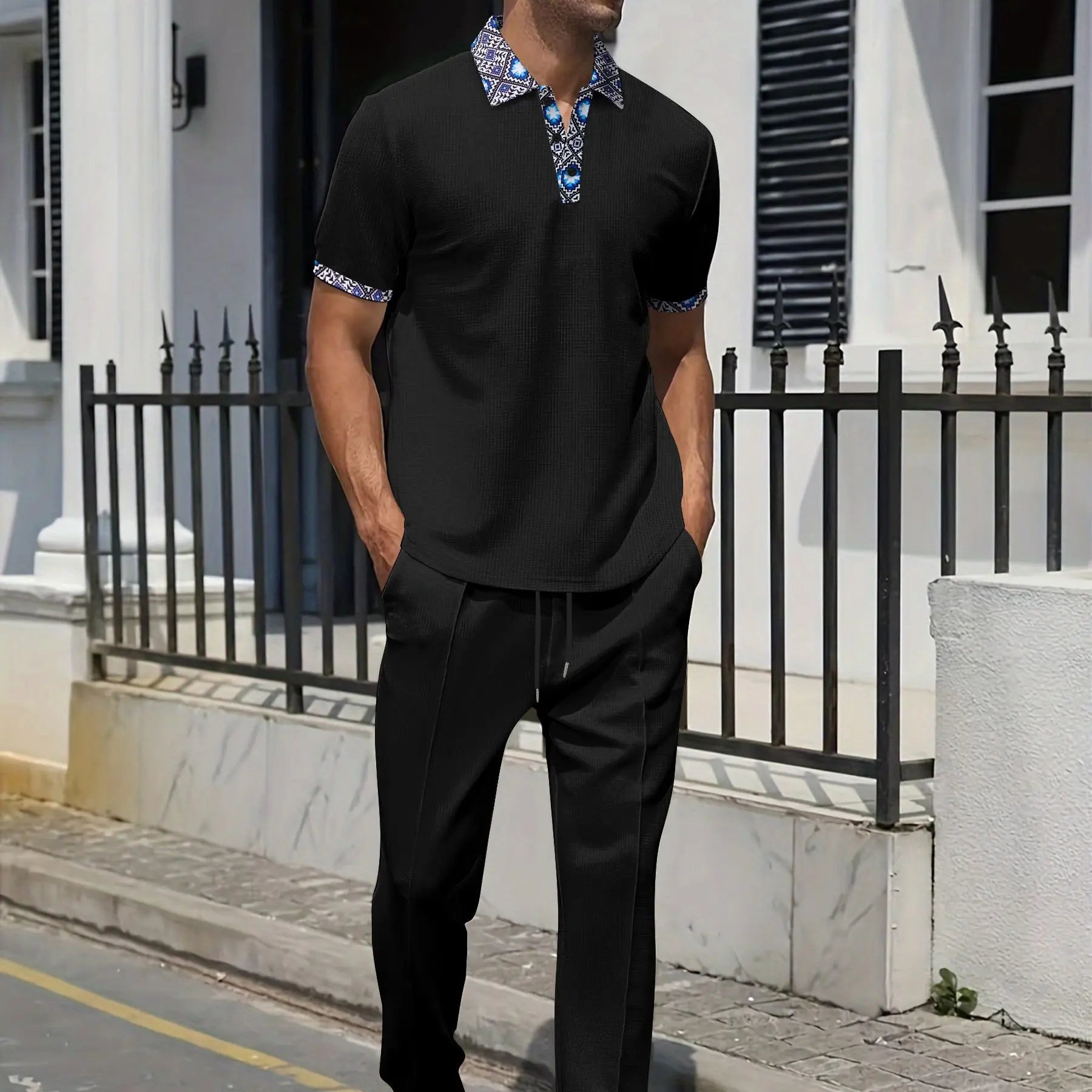 Men's Knit Polo Set With Ethnic Trim Drawstring Pants