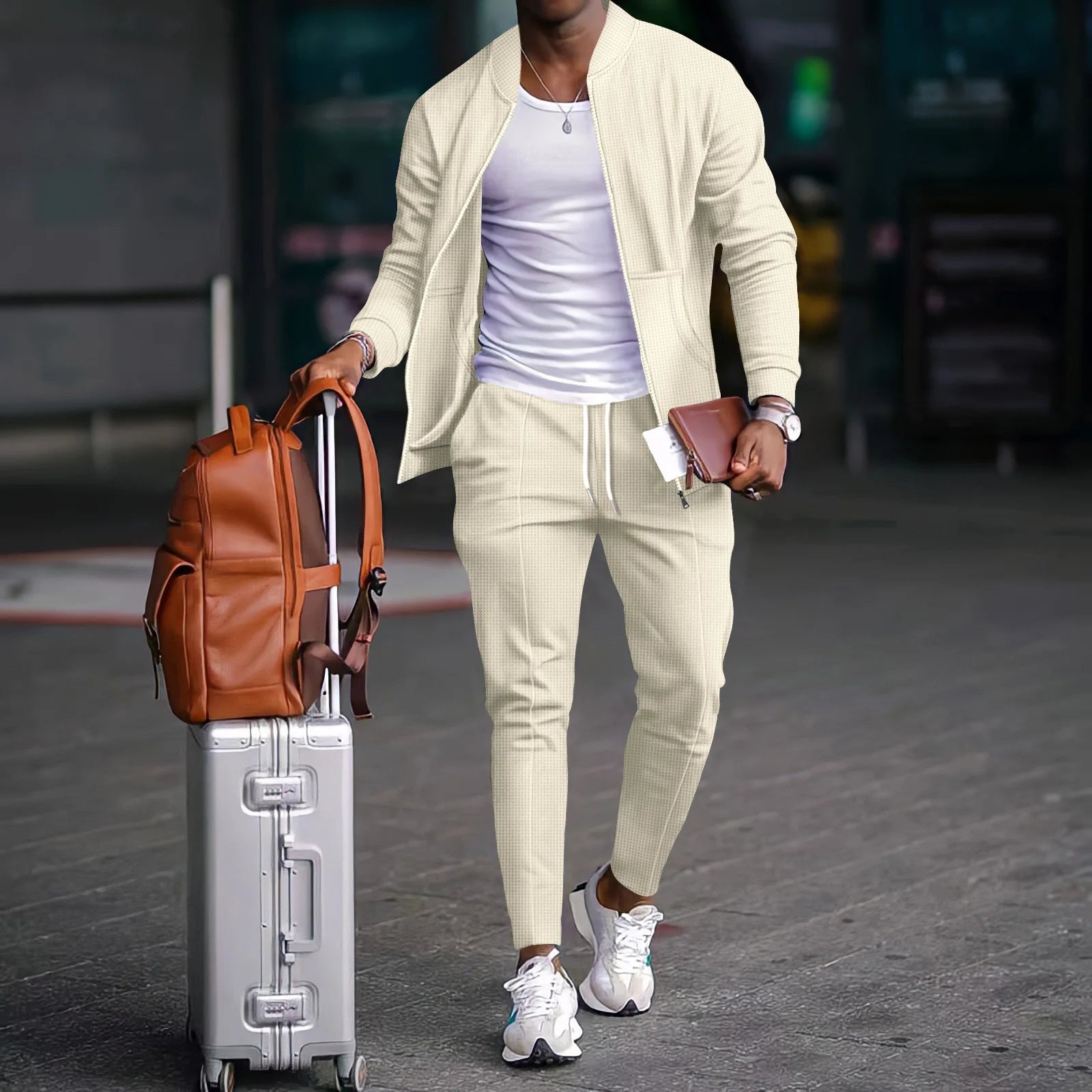 Men's Waffle Knit Tracksuit Set with Zipper Jacket