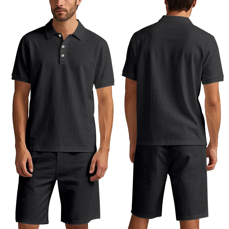black Color Men's Linen Summer Polo Short Set Casual Co-ords