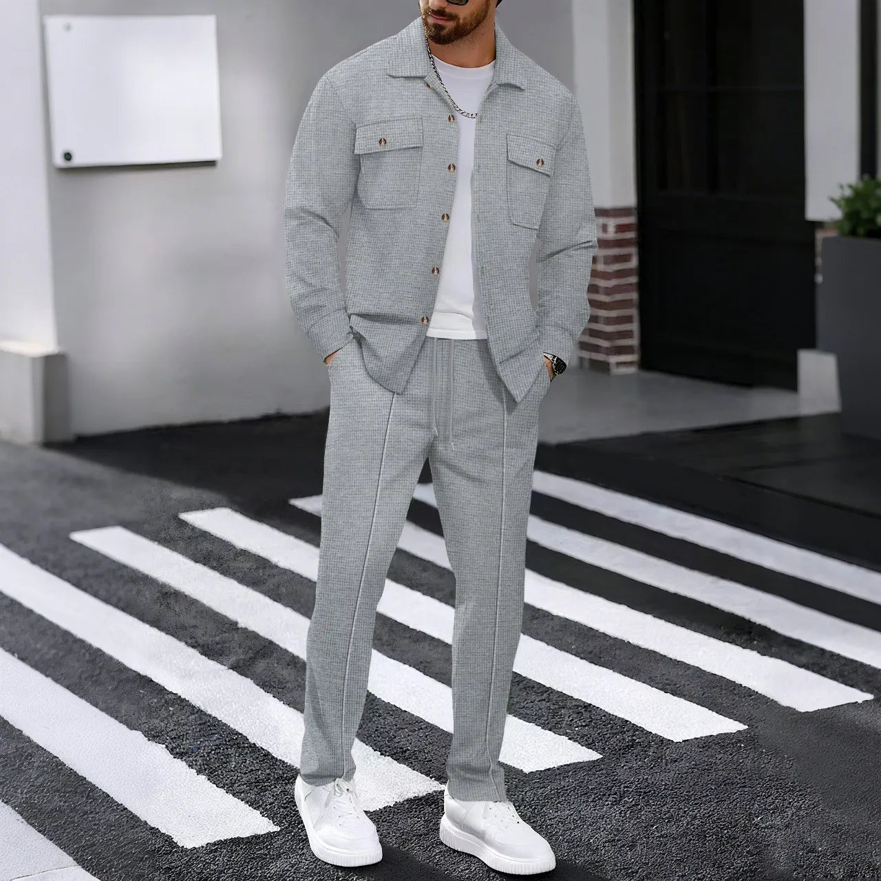 Men's Waffle Knit Shirt And Pants Set With Pockets