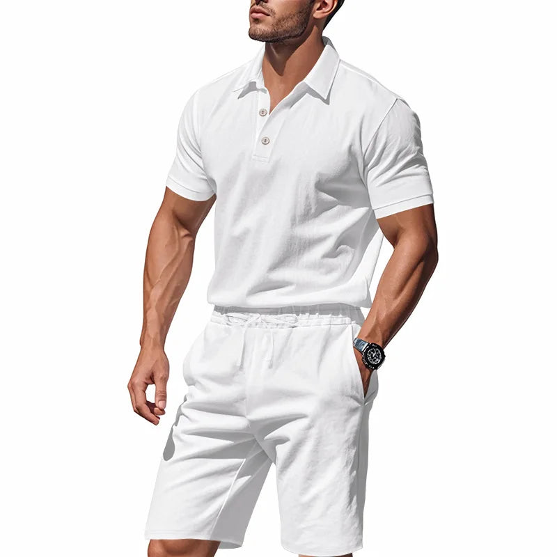 Men's Linen Summer Polo Short Set Casual Co-ords