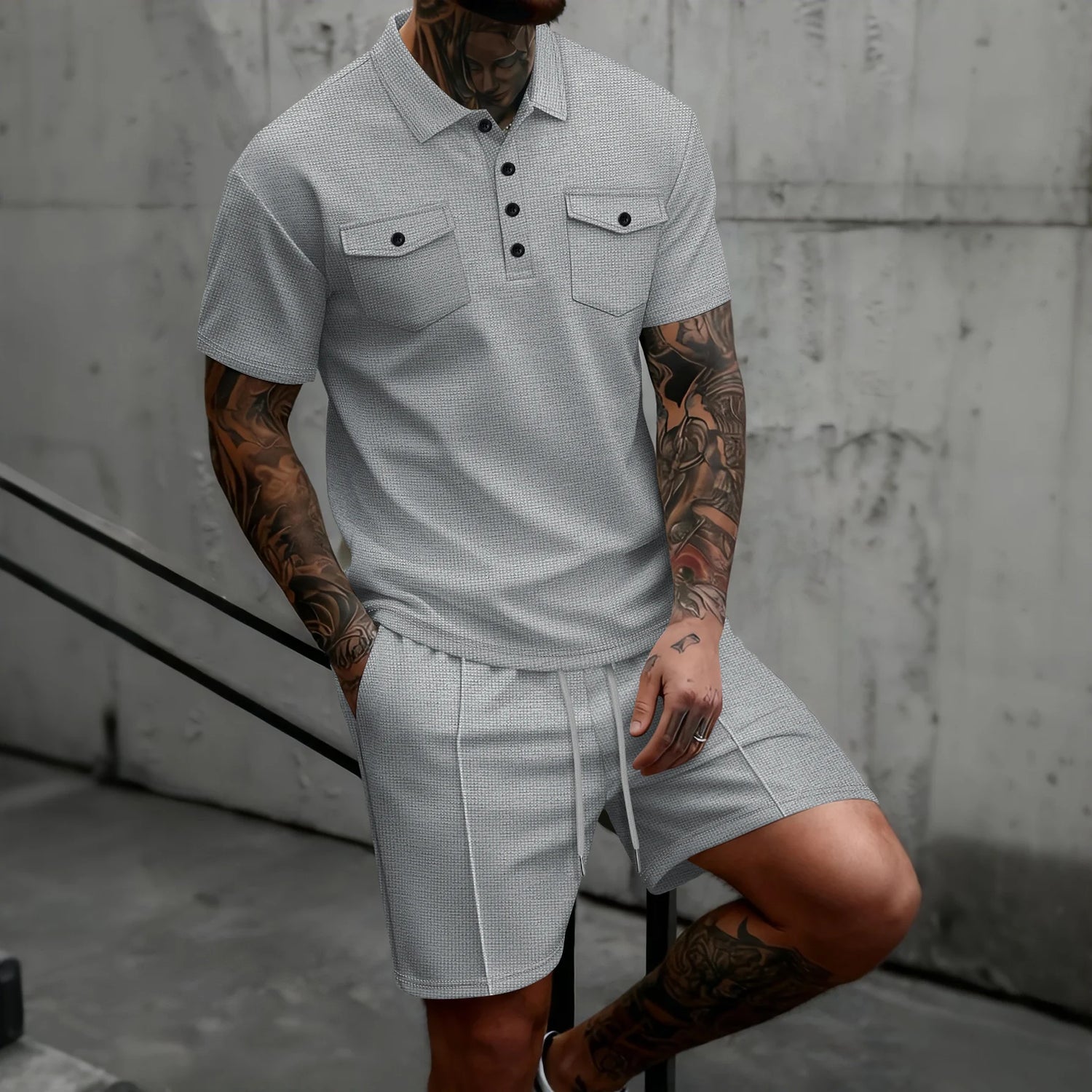 Men's Waffle Knit Polo Short Set – Casual Summer Co-ord