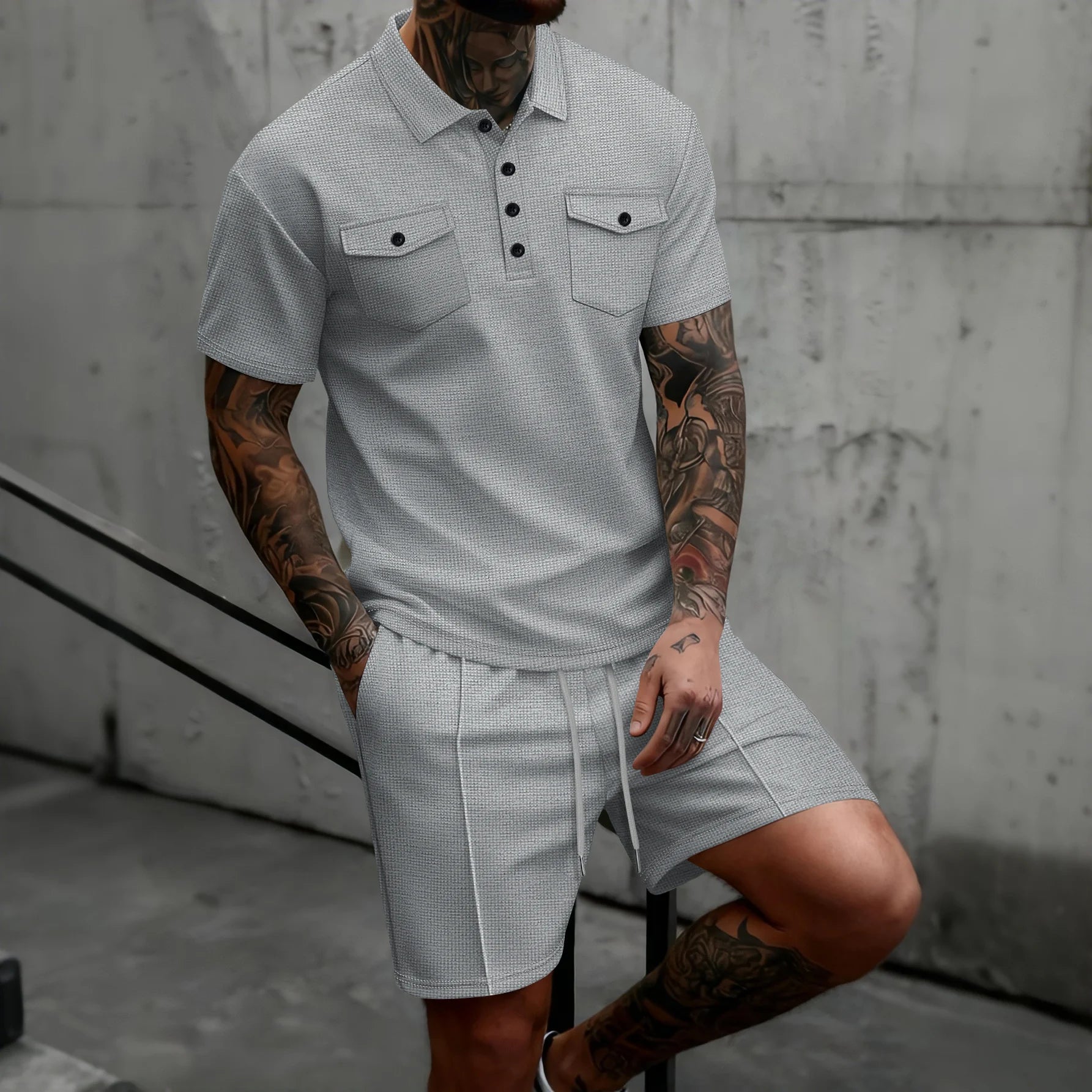 Men's Waffle Knit Polo Short Set – Casual Summer Co-ord