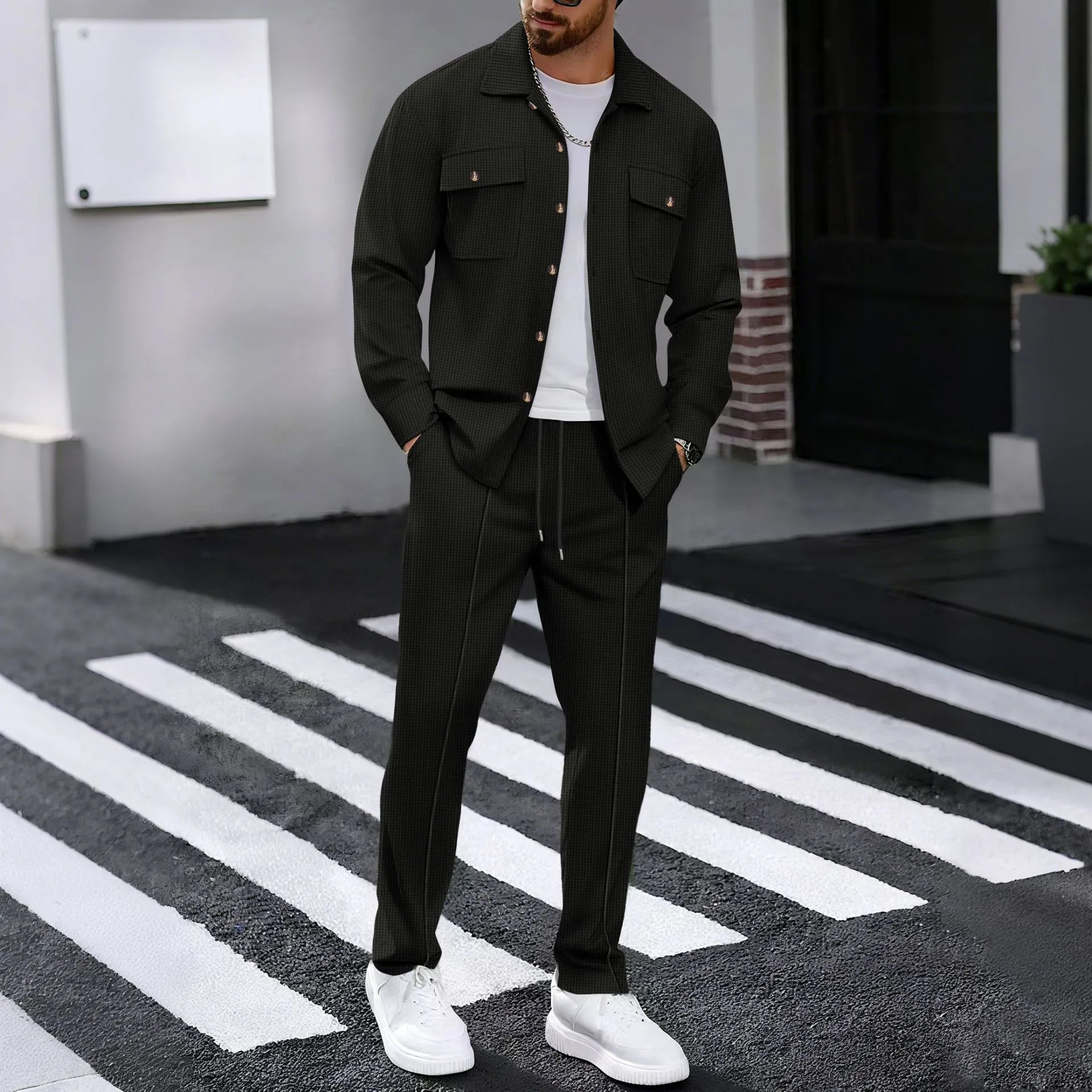 Men's Waffle Knit Shirt And Pants Set With Pockets