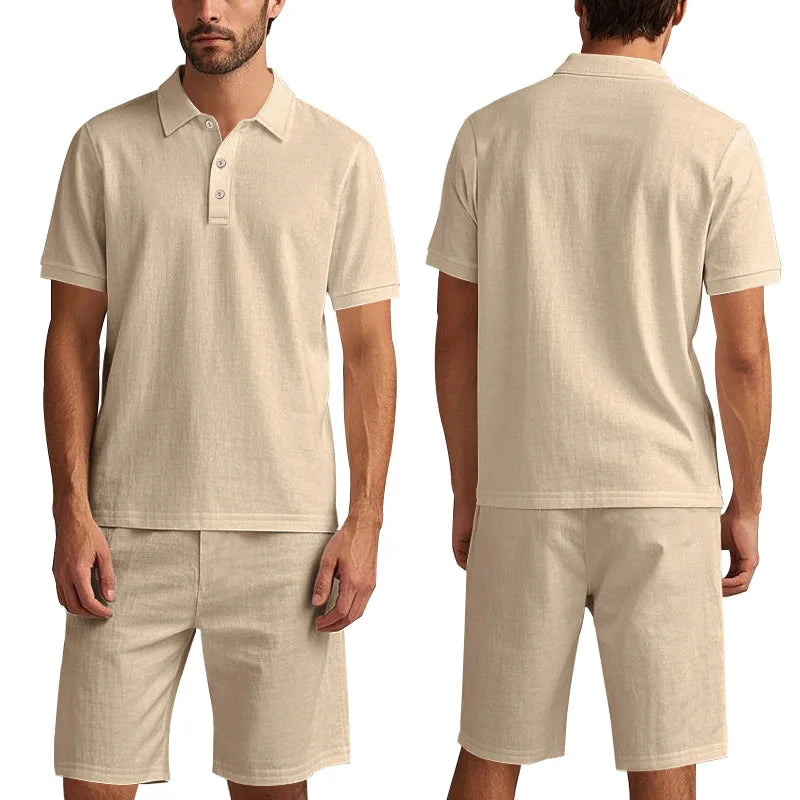 Ivory Color Men's Linen Summer Polo Short Set Casual Co-ords