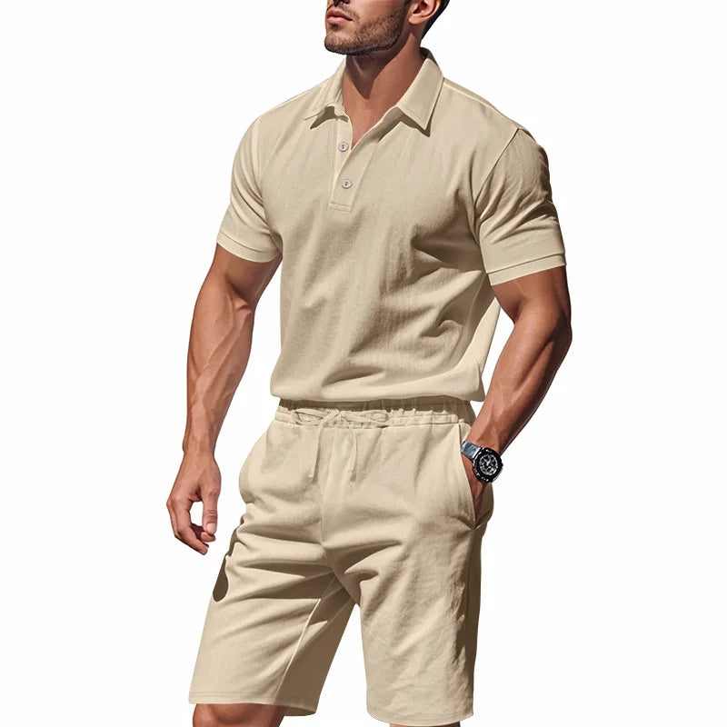Men's Linen Summer Polo Short Set Casual Co-ords