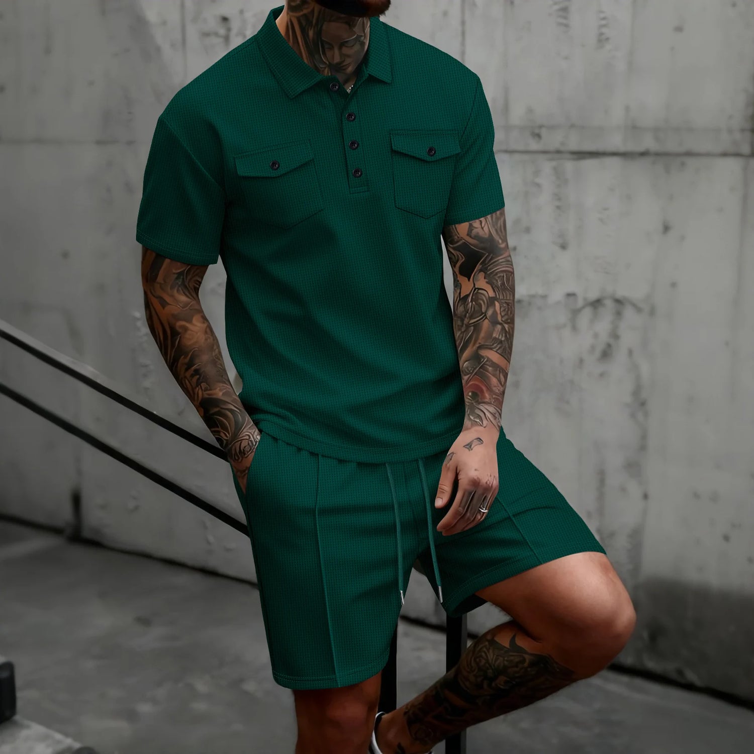 Men's Waffle Knit Polo Short Set – Casual Summer Co-ord