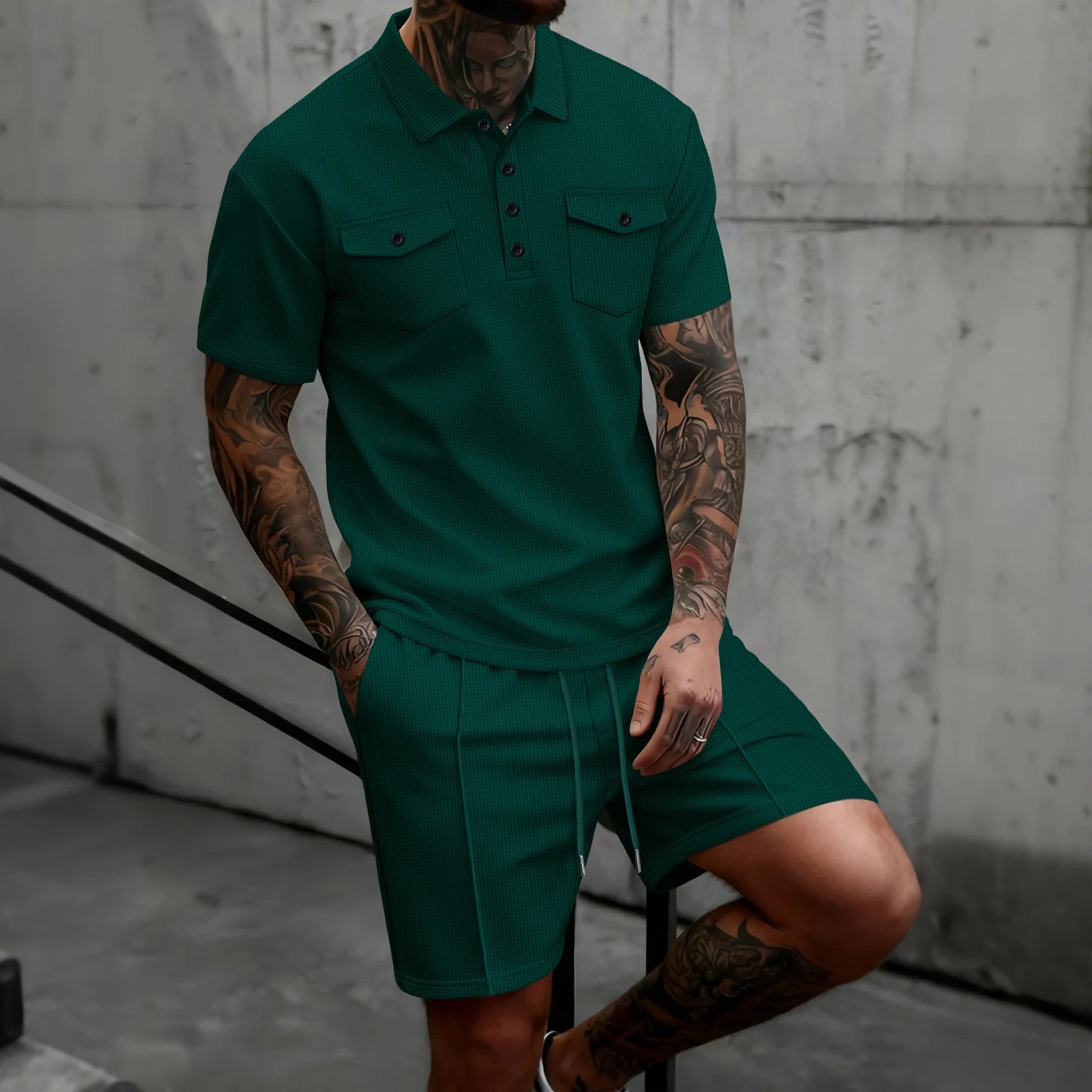 Men's Waffle Knit Polo Short Set – Casual Summer Co-ord