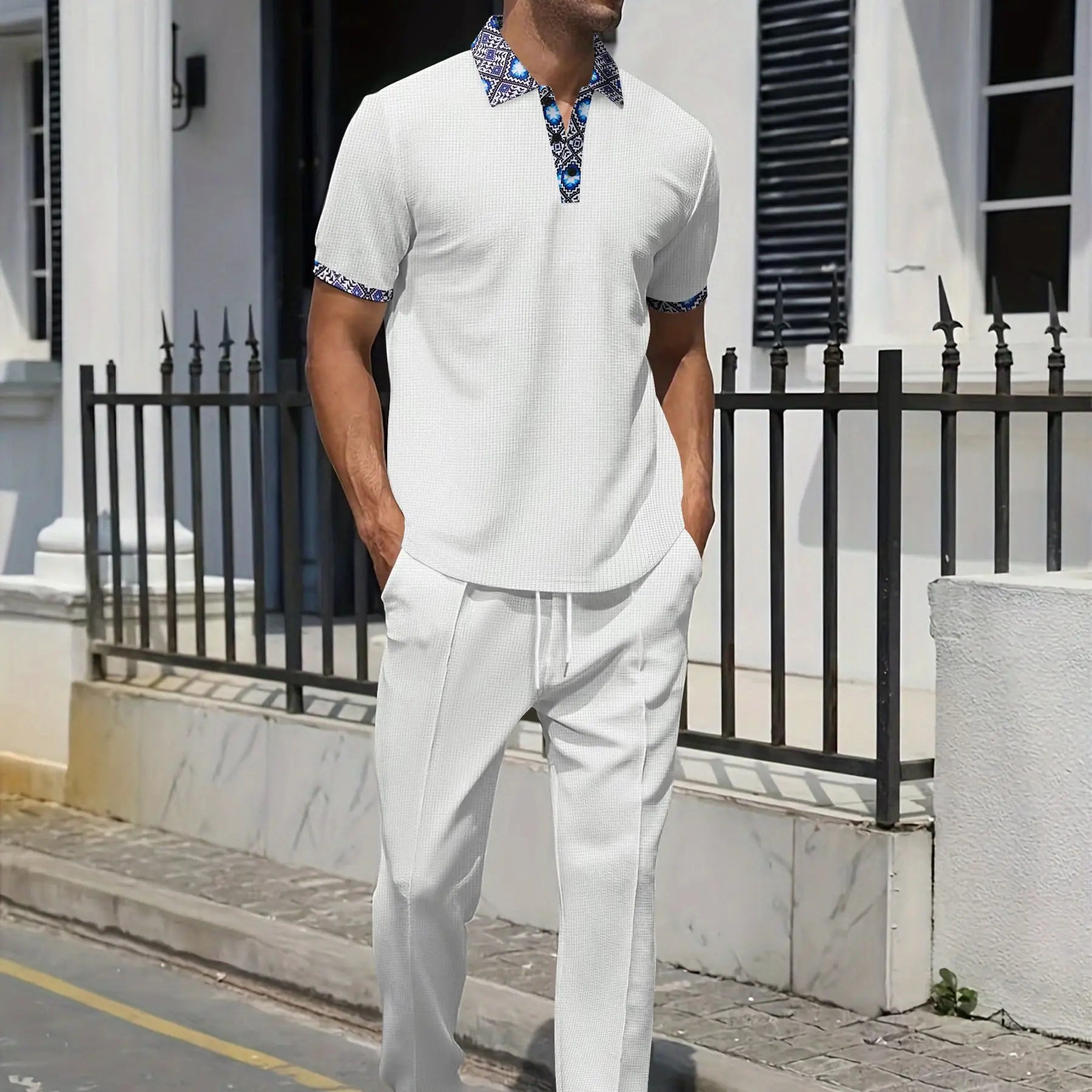 Men's Knit Polo Set With Ethnic Trim Drawstring Pants