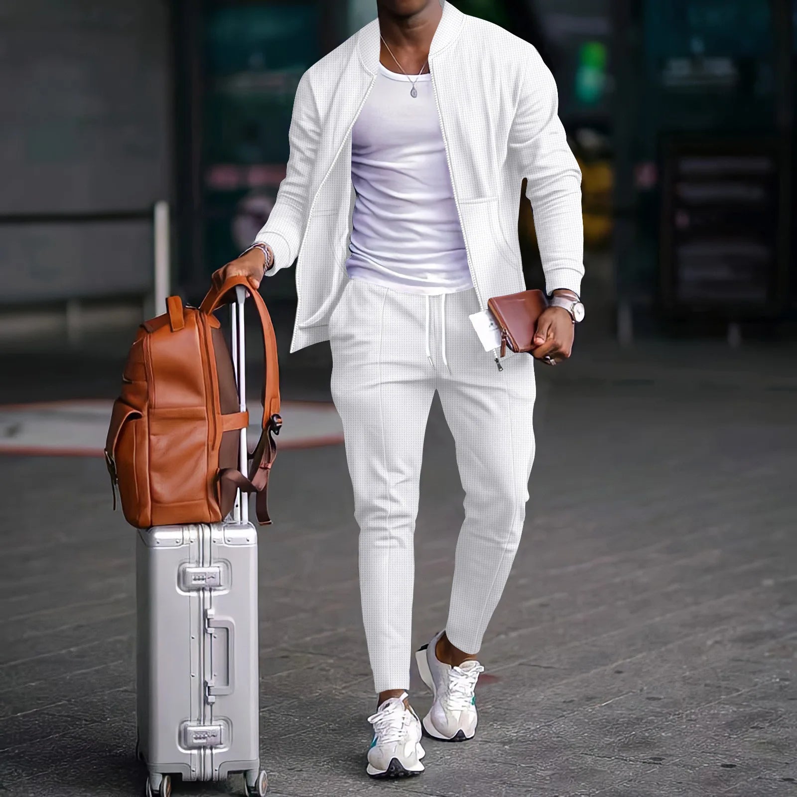 Men's Waffle Knit Tracksuit Set with Zipper Jacket