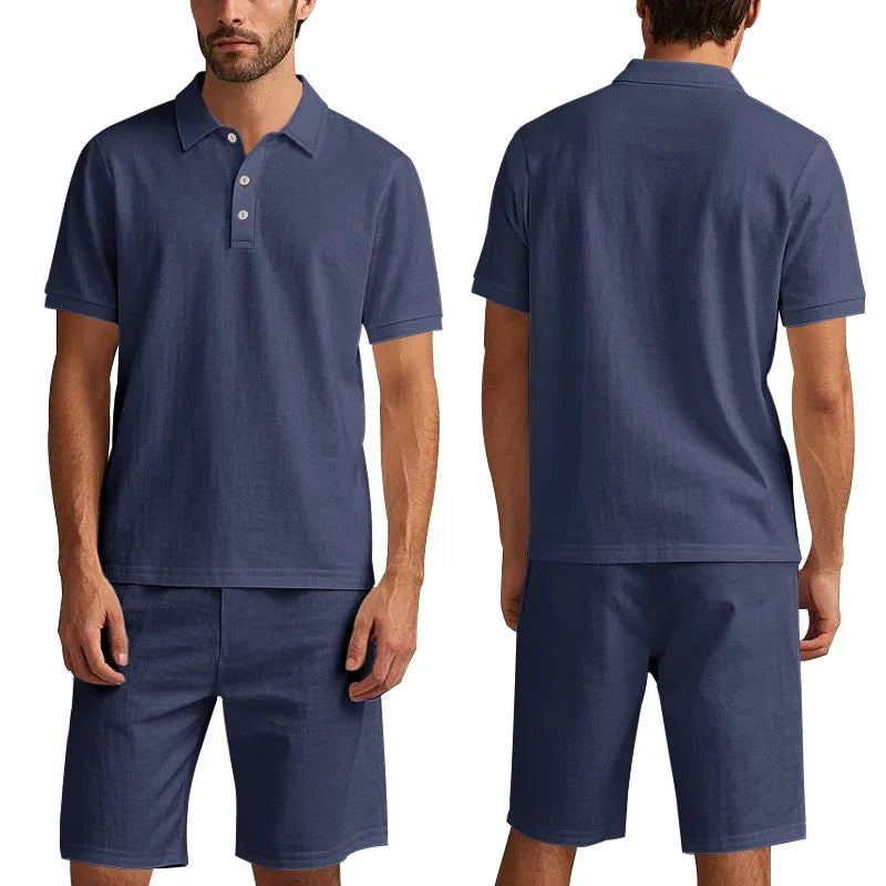 Navy Blue Color Men's Linen Summer Polo Short Set Casual Co-ords