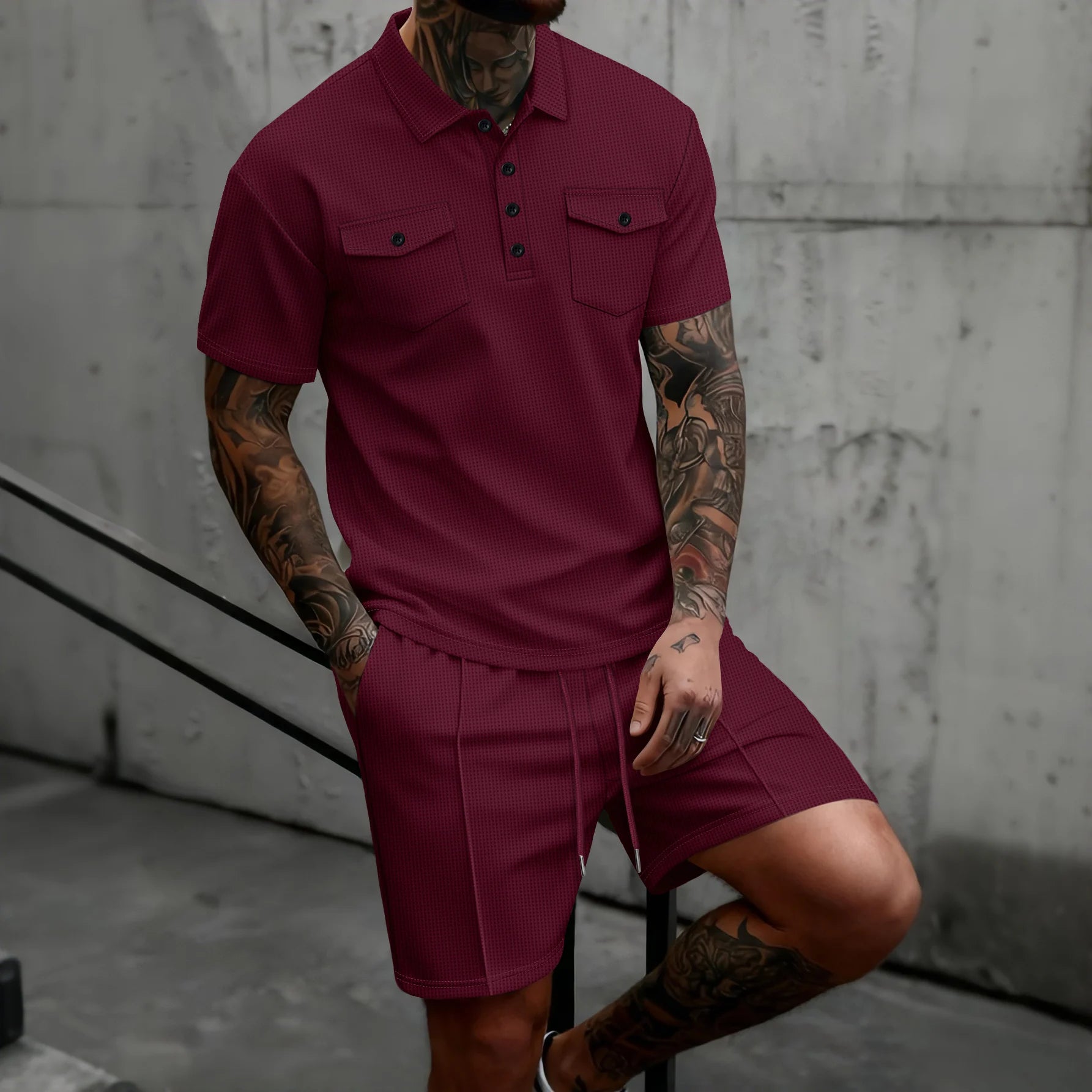 Men's Waffle Knit Polo Short Set – Casual Summer Co-ord