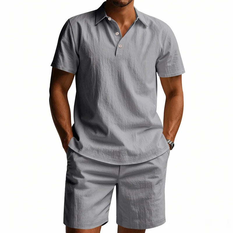 Men's Linen Summer Polo Short Set Casual Co-ords