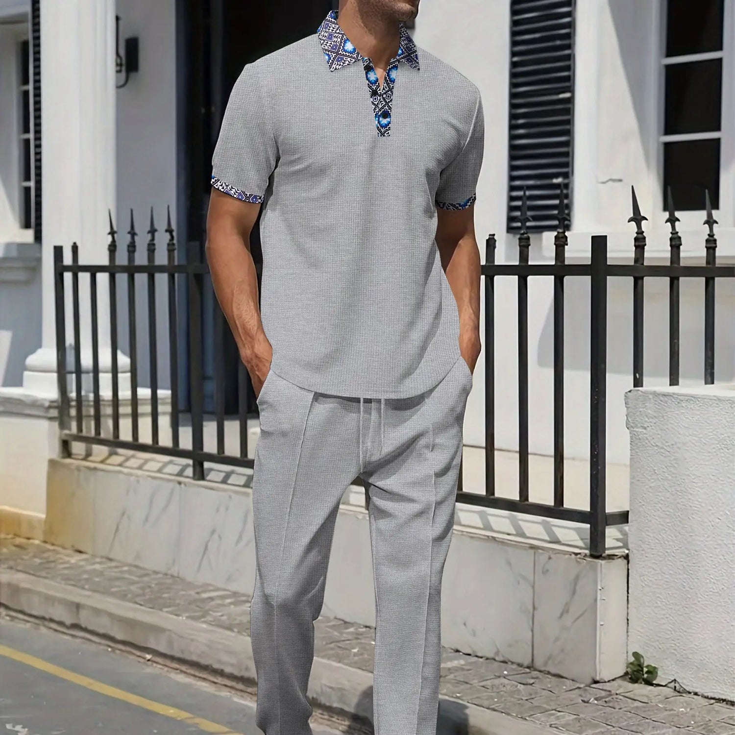Men's Knit Polo Set With Ethnic Trim Drawstring Pants