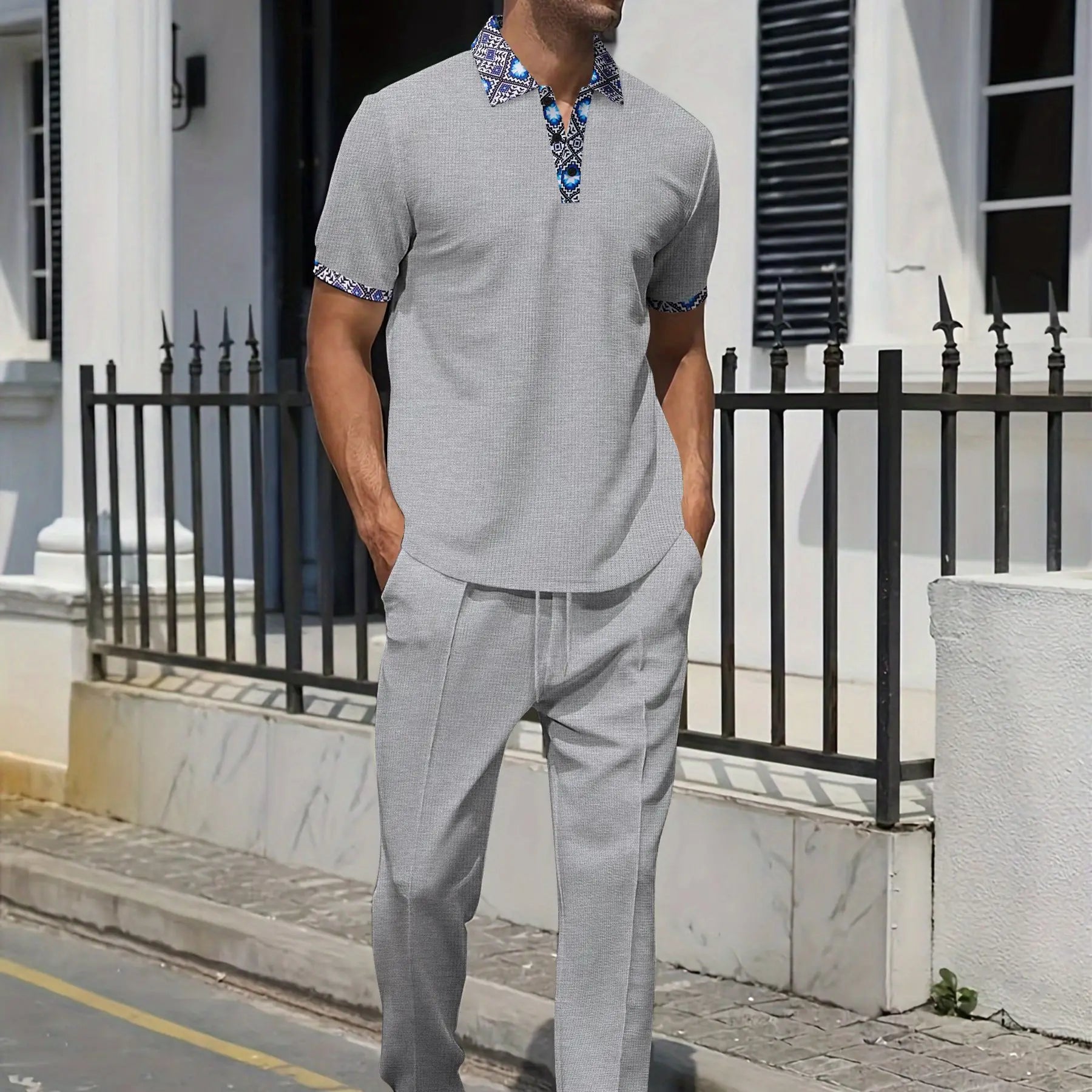 Men's Knit Polo Set With Ethnic Trim Drawstring Pants