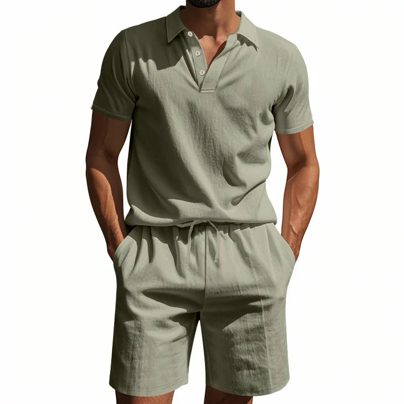 Men's Linen Summer Polo Short Set Casual Co-ords