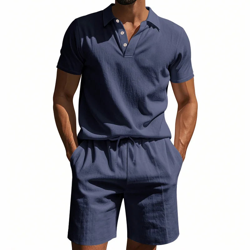 Men's Linen Summer Polo Short Set Casual Co-ords